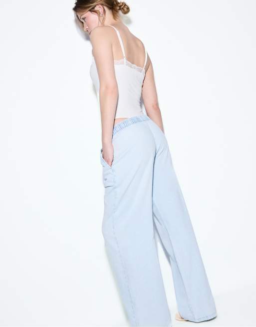 Stradivarius – Ljusblå, vida byxor i denim med dragsko, 3 av 4