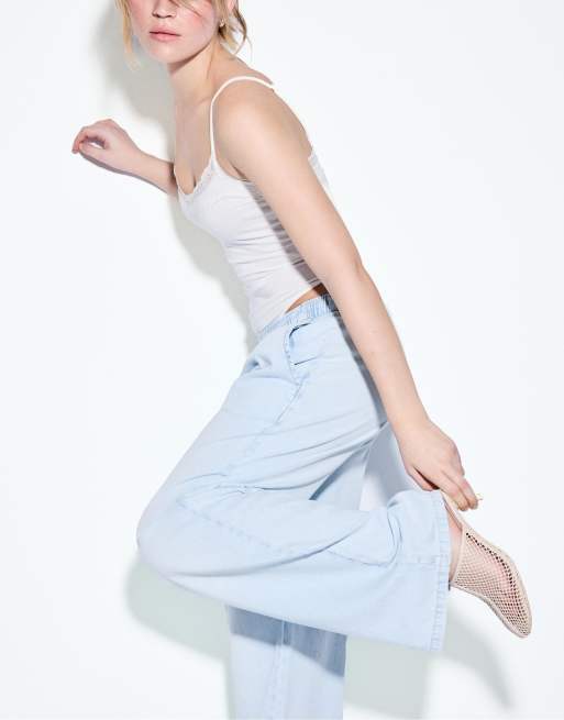 Stradivarius – Ljusblå, vida byxor i denim med dragsko, 4 av 4