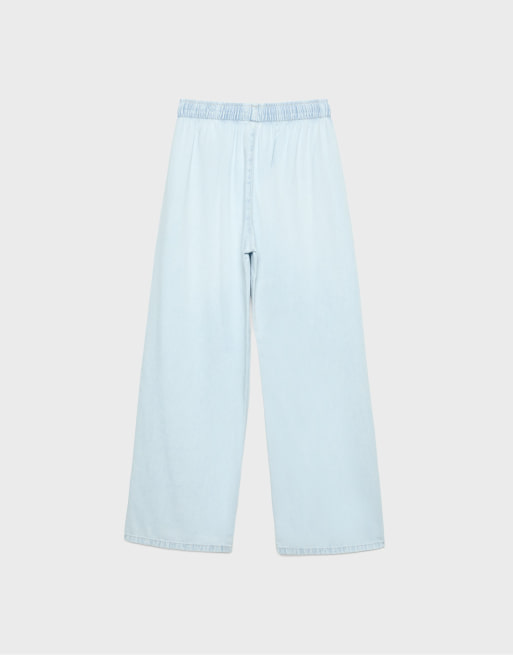 Stradivarius – Ljusblå, vida byxor i denim med dragsko, 7 av 7