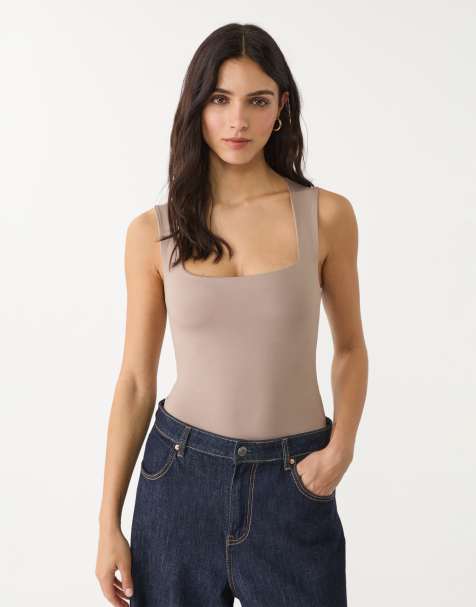 Stradivarius – Ljusbrun body med fyrkantig ringning i polyamid - view 1