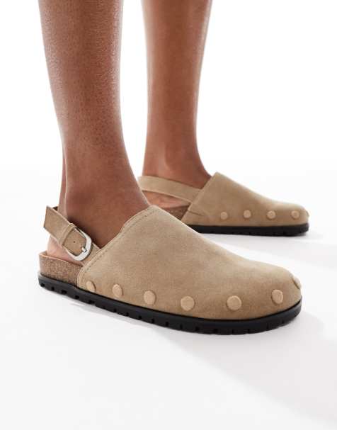 Stradivarius – Ljusbruna platta mules i läder med ankelrem - view 1
