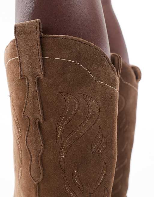 Stradivarius – Ljust vintagebruna cowboyboots med fyrkantig tå i mocka , 3 av 4