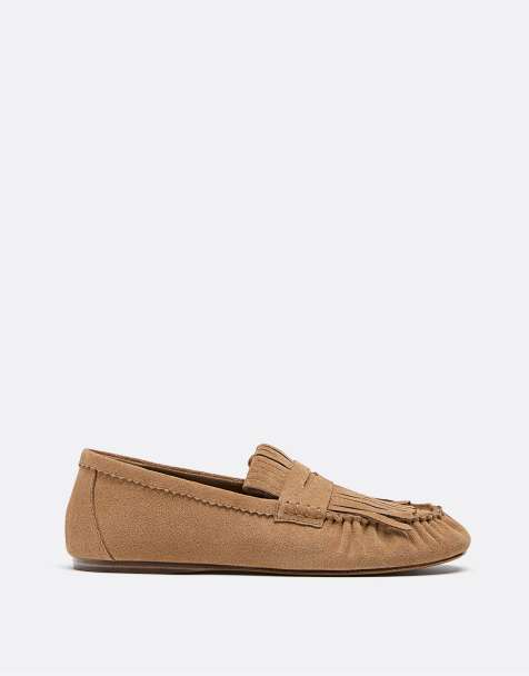 Stradivarius – Loafer aus Leder in Beige mit Fransen - view 1
