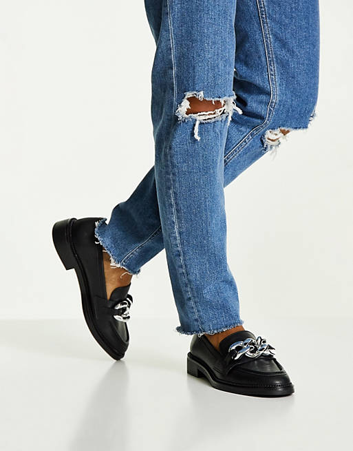 Stradivarius loafer flat shoe with chunky chain in black