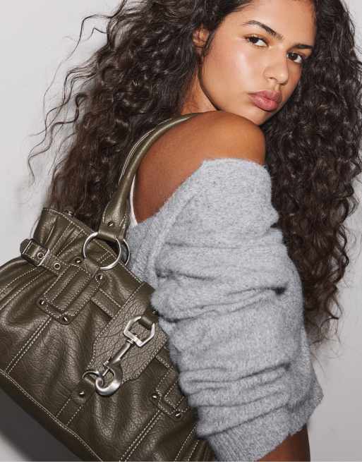 Stradivarius Lobster clasp bag in khaki, 3 of 4