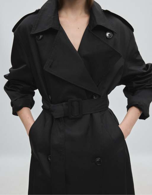 Stradivarius Long basic trench coat in black, 4 of 7