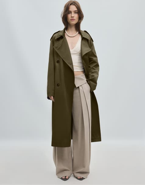 Stradivarius Long basic trench coat in khaki - view 1