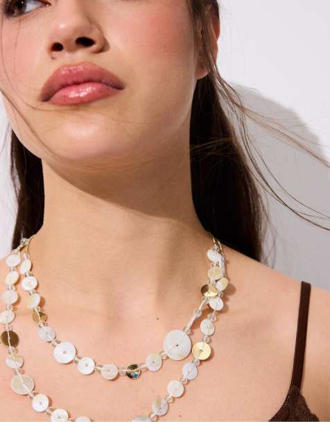 Stradivarius Long button necklace in ecru - view 1