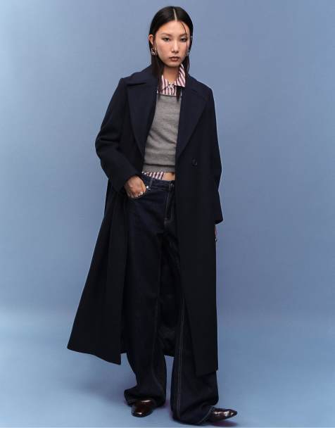 Stradivarius Long coat with belt in dark blue - view 1