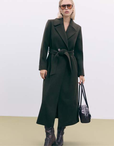 Stradivarius Long coat with belt in khaki - view 1