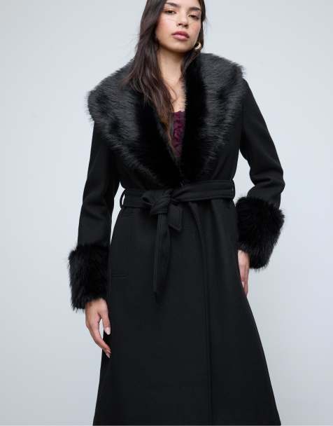 Stradivarius Long coat with faux fur detail in black - view 1