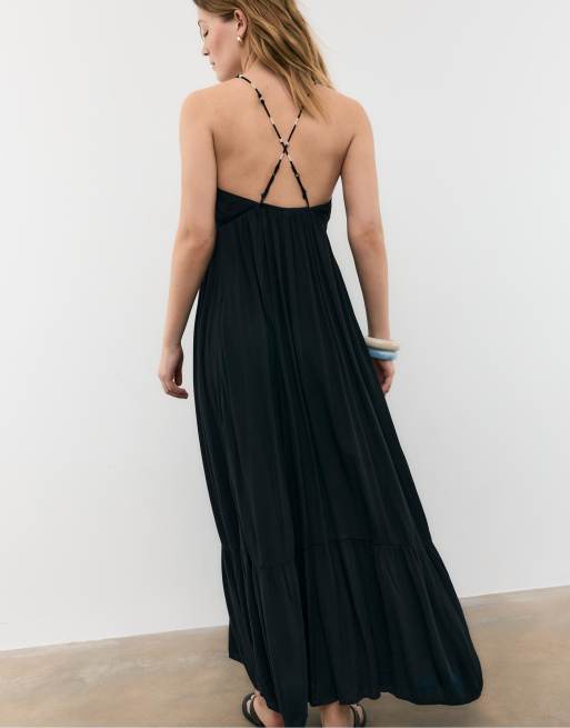 Stradivarius Long crepe dress with beading straps in black, 2 of 4