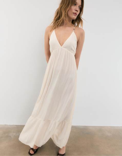 Stradivarius Long crepe dress with beading straps in vanilla