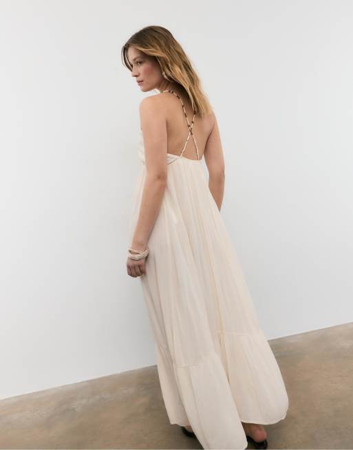 Stradivarius Long crepe dress with beading straps in vanilla, 2 of 4