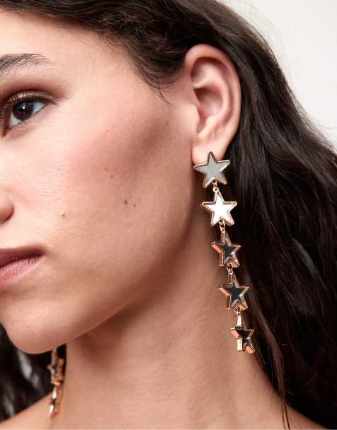 Stradivarius Long crystal-effect star earring in gold - view 1