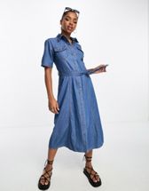 Urban Revivo denim dungaree midi dress in mid blue
