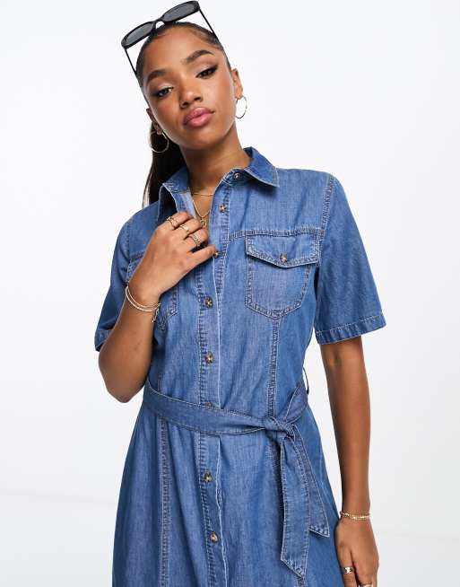 Stradivarius long denim dress in medium blue