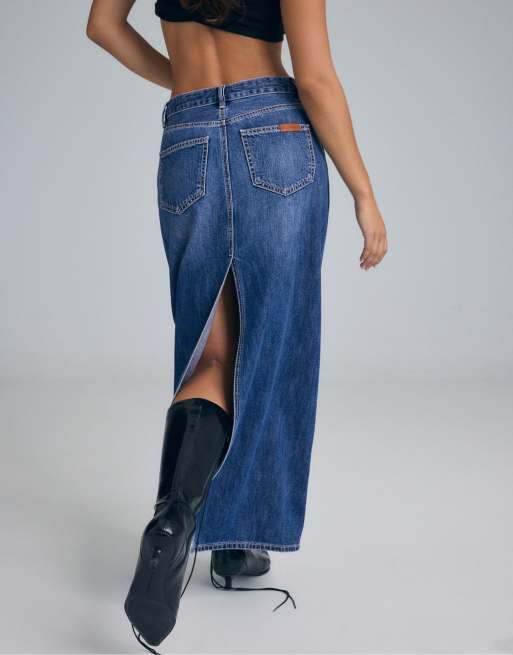Stradivarius Long denim skirt in medium denim wash, 4 of 7