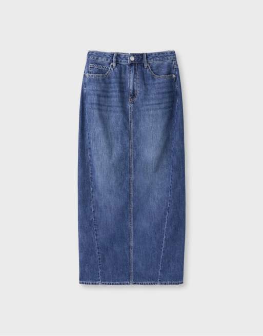 Stradivarius Long denim skirt in medium denim wash, 6 of 7