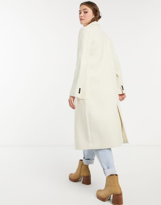 Stradivarius long double breasted coat in ecru ASOS