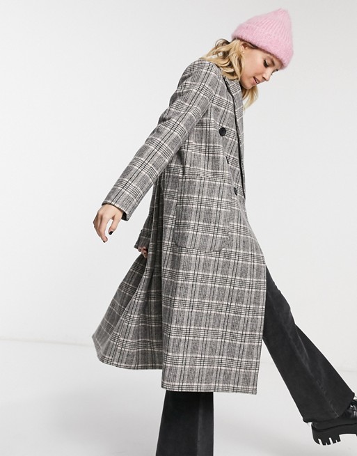 Stradivarius long double-breasted coat in grey check