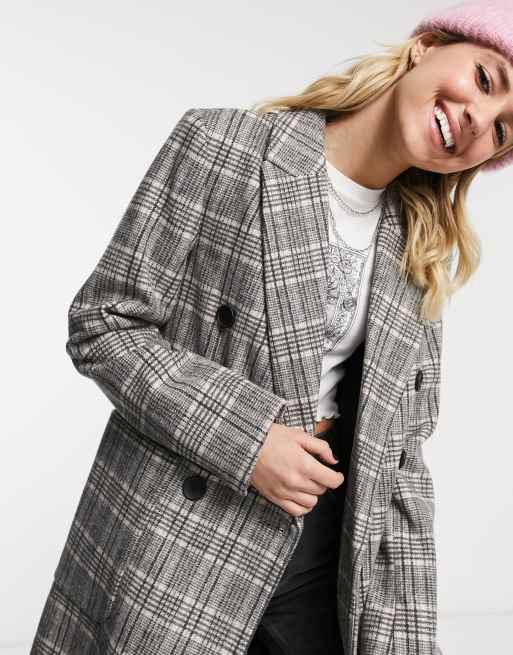 Stradivarius long double-breasted coat in grey check, 4 of 4