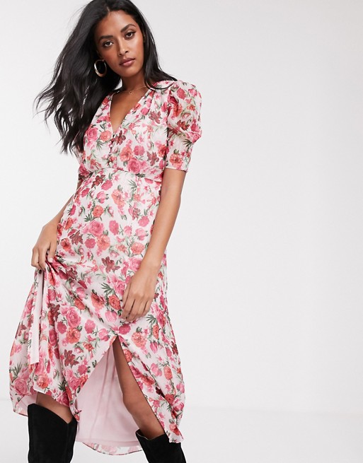 Stradivarius long dress with floral print in pink