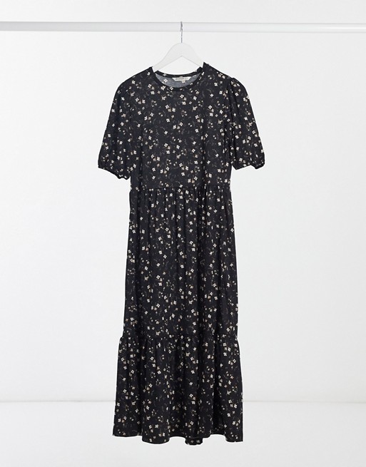 Stradivarius long dress with frills in black floral