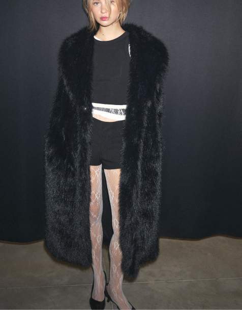 Stradivarius Long faux fur coat in black - view 1