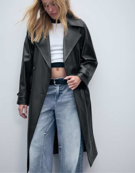 Stradivarius Long faux leather trench coat in black - view 1