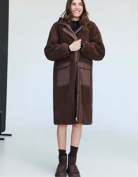 Stradivarius Long faux shearling lined coat in brown - view 1