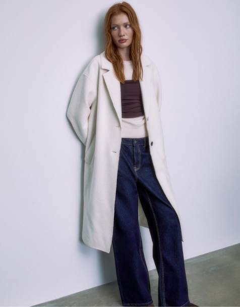 Stradivarius Long faux shearling lined coat in ecru - view 1