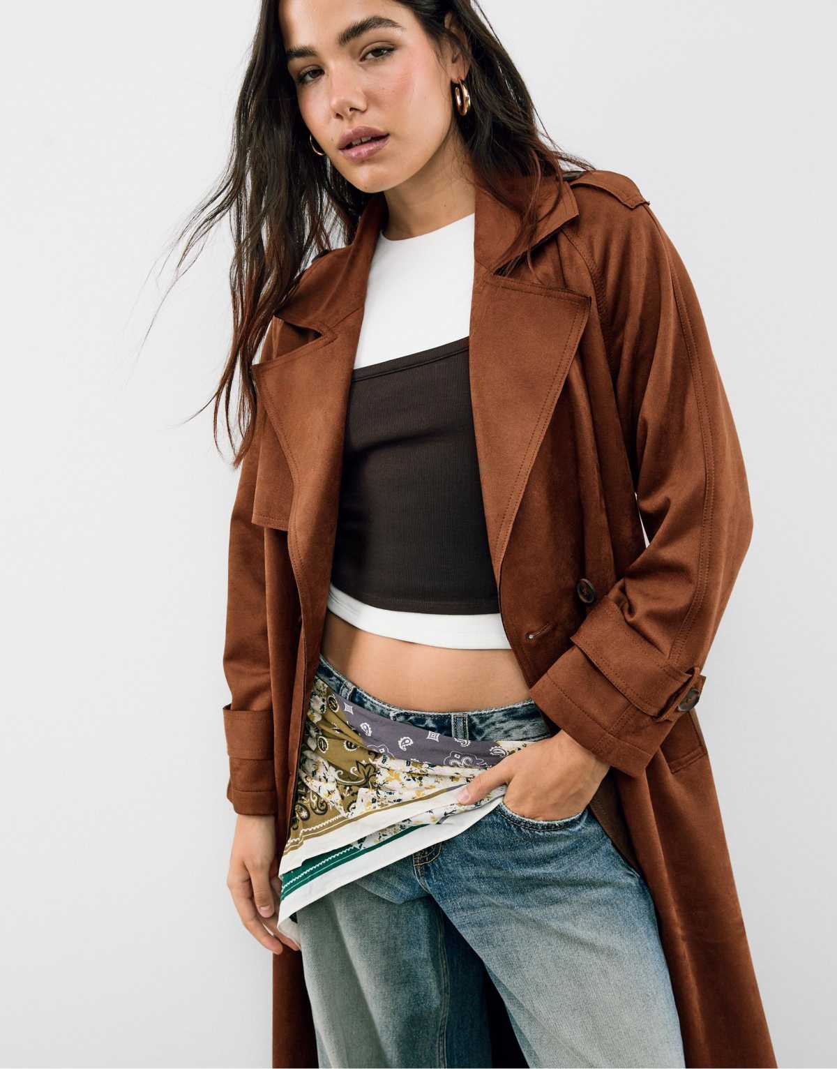 Stradivarius Long faux suede trench coat in brown