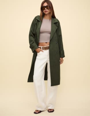 Stradivarius Long Faux Suede Trench Coat In Green