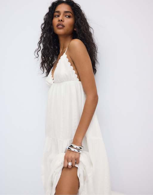 Stradivarius Long flowing dress with open back in white, 4 of 4