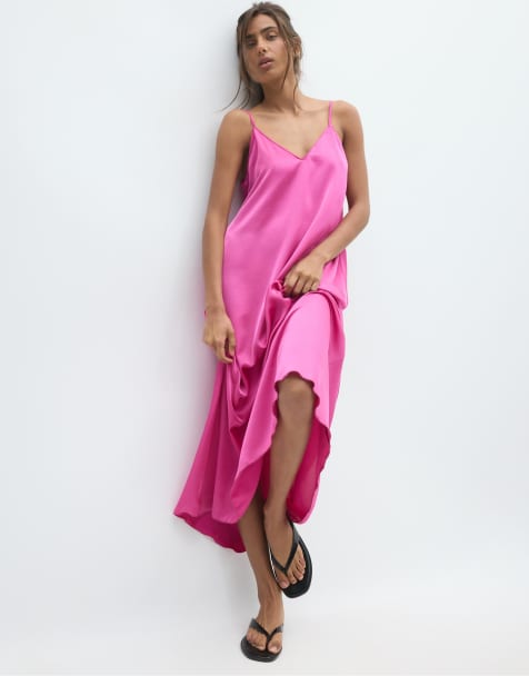 Stradivarius Long flowing satin dress in fuchsia