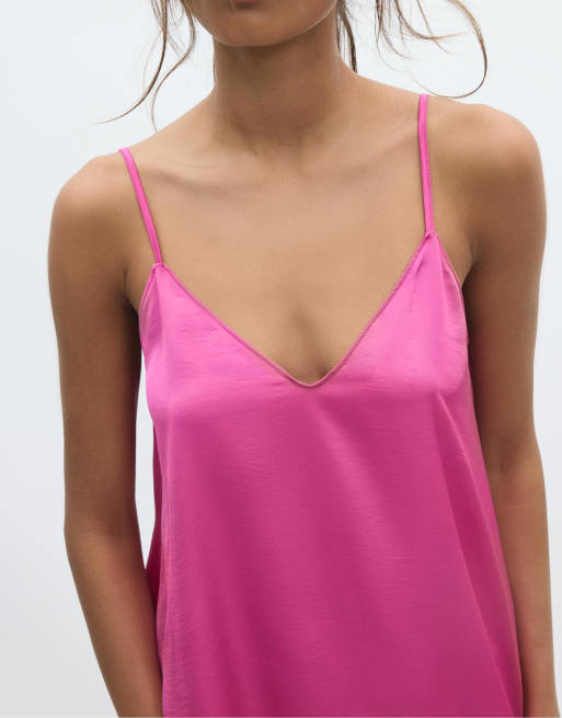 Stradivarius Long flowing satin dress in fuchsia, 4 of 4
