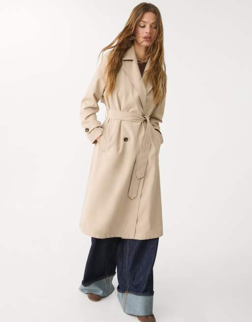 Stradivarius Long flowing trench coat in Beige