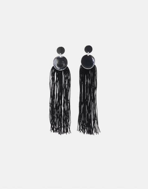 Stradivarius Long fringe earrings in black - view 1