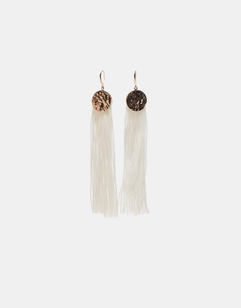 Stradivarius Long fringe earrings in ecru - view 1