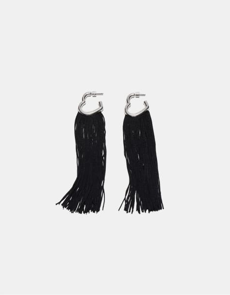Stradivarius Long heart tassel earrings in black - view 1