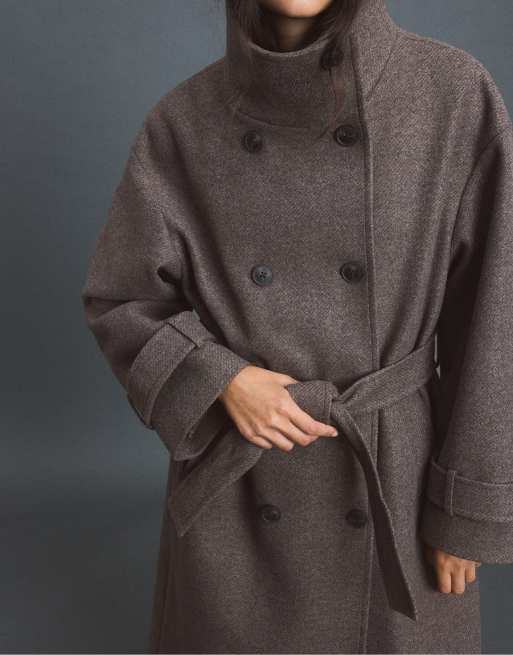 Stradivarius Long high neck soft-touch coat in brown, 4 of 7