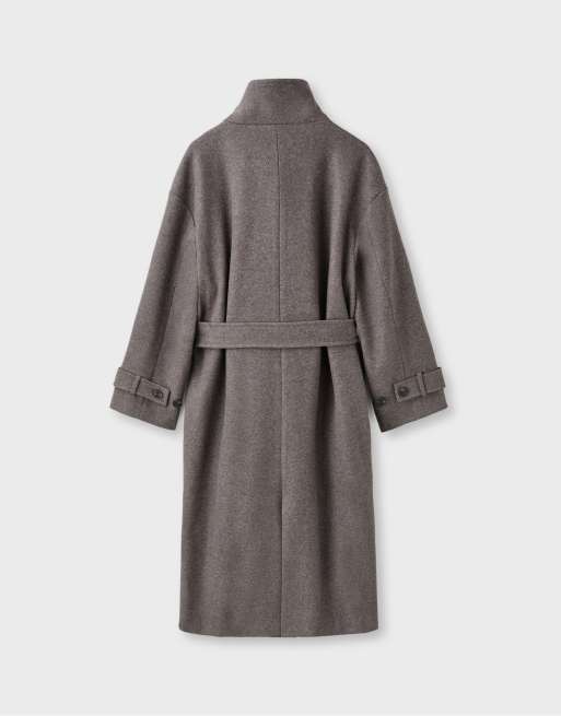 Stradivarius Long high neck soft-touch coat in brown, 7 of 7