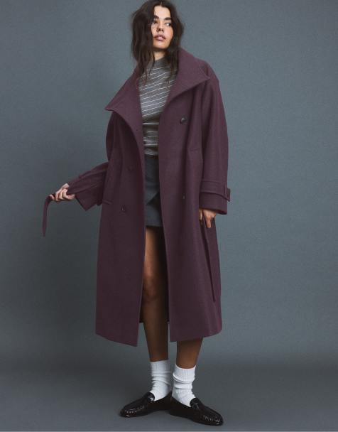 Stradivarius Long high neck soft-touch coat in purple - view 1
