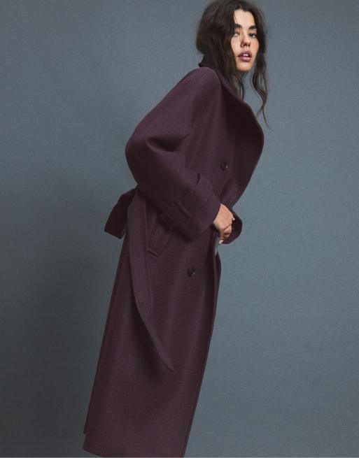 Stradivarius Long high neck soft-touch coat in purple, 2 of 7