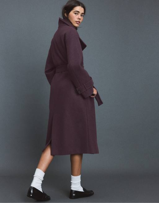 Stradivarius Long high neck soft-touch coat in purple, 3 of 7