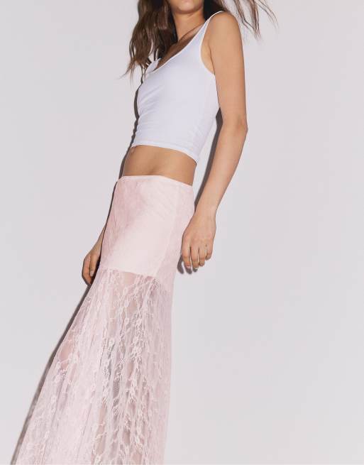 Stradivarius Long lace skirt in pastel pink, 2 of 2