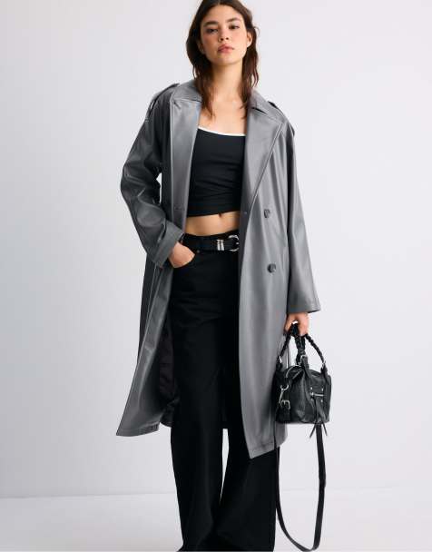 Stradivarius Long leather effect trench coat in dark grey - view 1