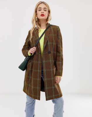 Stradivarius long line coat in brown check | ASOS