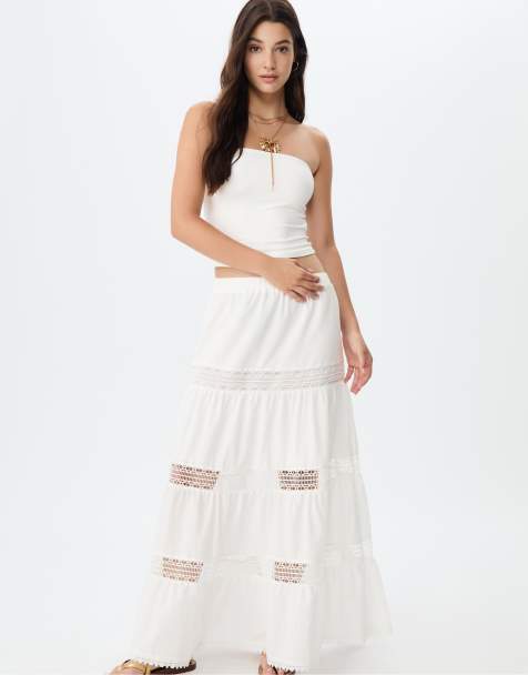 Stradivarius Long panelled lace skirt in white - view 1